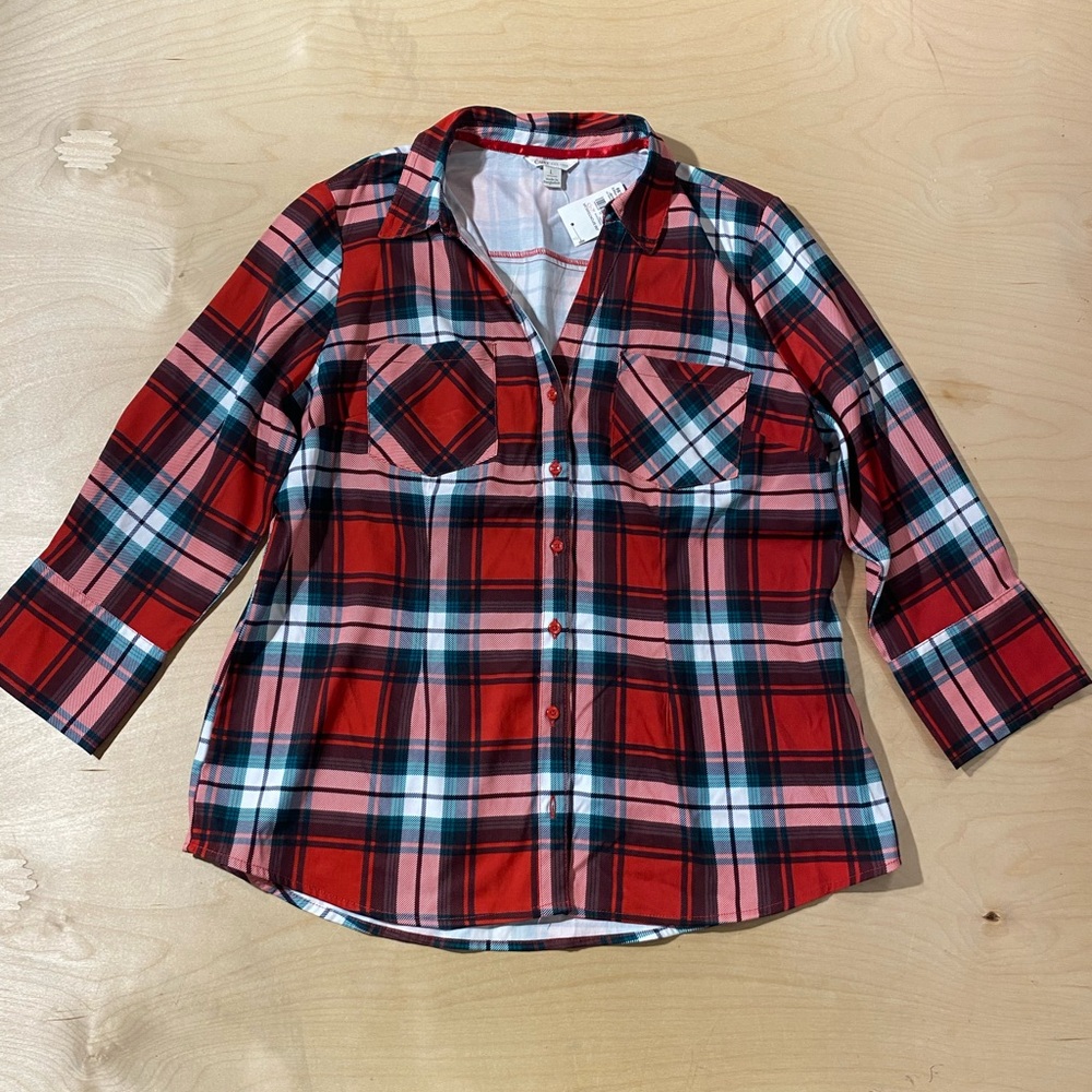 Cato Vibrant Red and Black Plaid Top Large (OI)